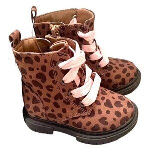 Cat &‎ Jack Leopard Print Girls Boots With Pink Laces & Side Zipper Size 7 NWT